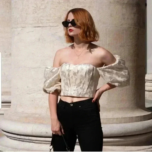 NWT H&M Conscious Off-the-shoulder Top Beige Silver Balloon  Sleeve Size O - Picture 5 of 15